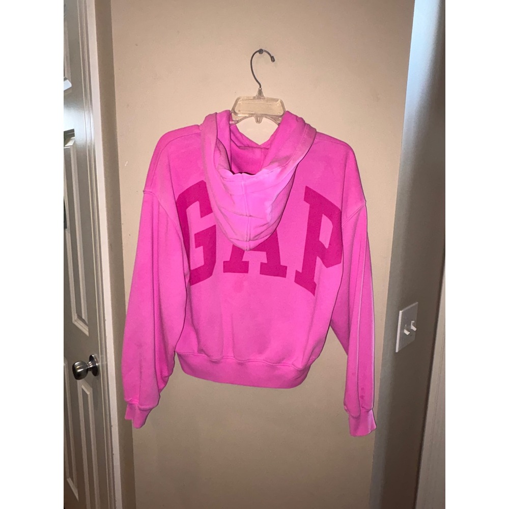 GAP Womens Pink Logo Back Fleece Hoodie XS Cropped High Low Pullover